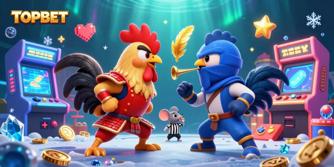 TOPBET features twin roosters in an epic fighting standoff surrounded by gambling icons, creating dynamic excitement.
