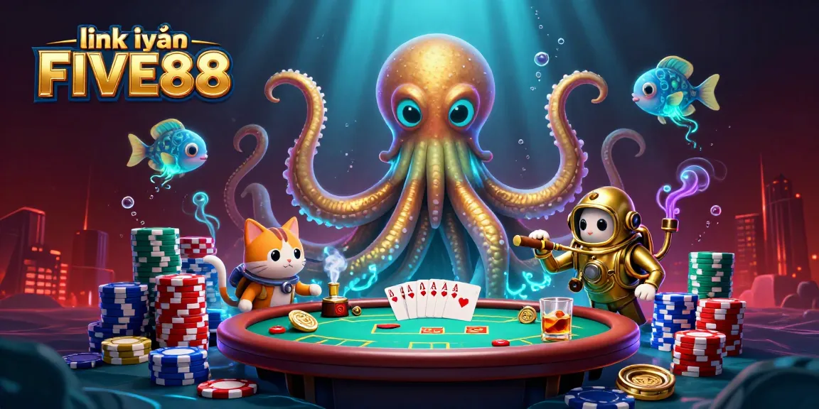 Capture the thrill of betting with link vào FIVE88, featuring a kraken, diving cat, and poker elements.