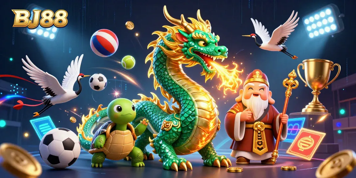 Engage in winning strategies at BJ88, featuring a jade dragon, lucky cranes, and vibrant sports elements.
