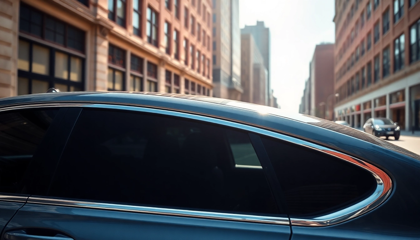 Enhance your drive with premier window tint near me, featuring a sleek car highlighted in urban sunlight.