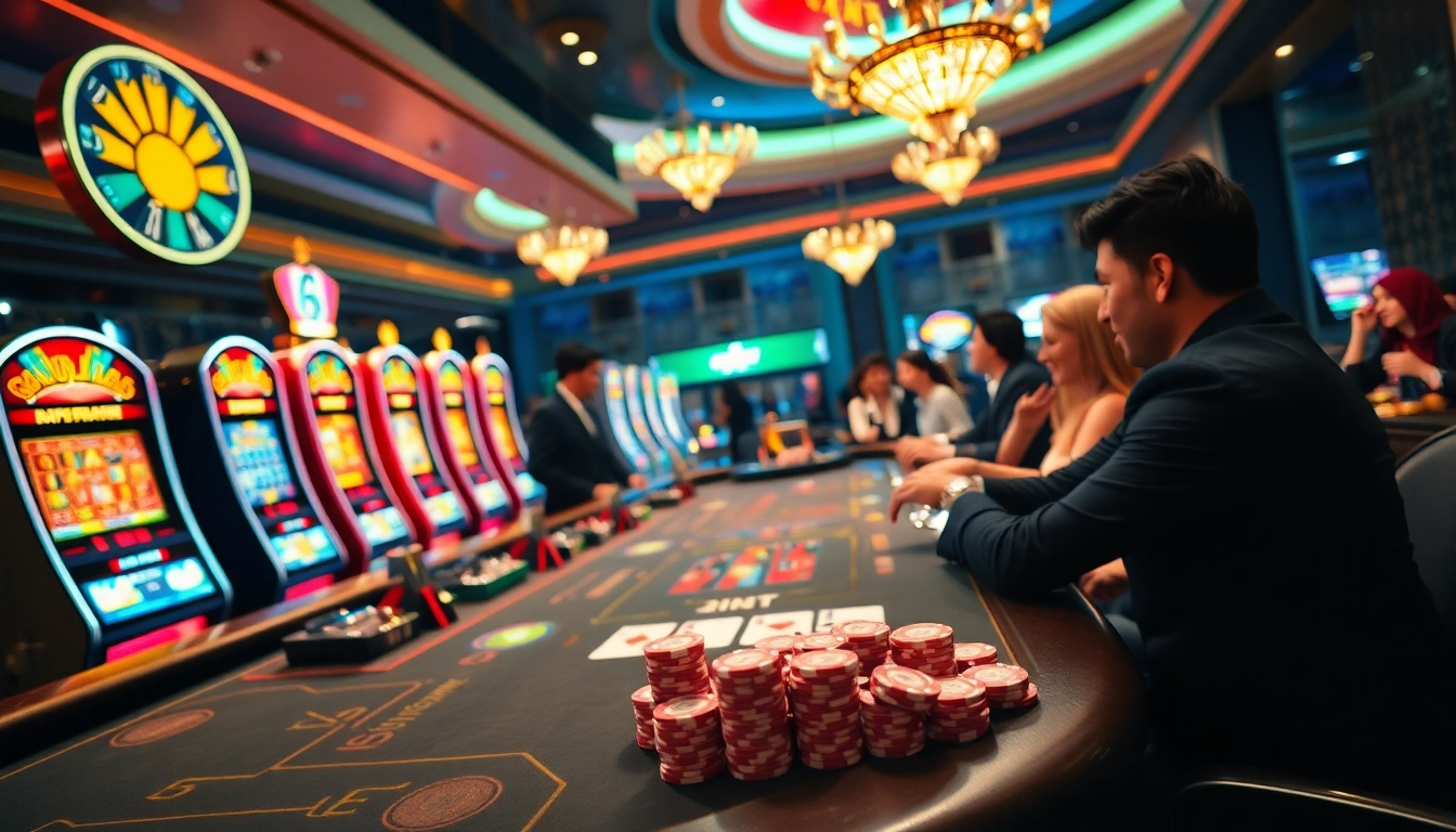 Players enjoying vibrant gaming action at i9bet, showcasing poker chips and casino tables.