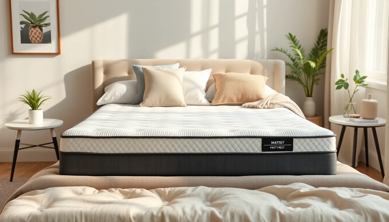 Showcasing a comfortable mattress in a box set in a tranquil bedroom environment, emphasizing relaxation and style.