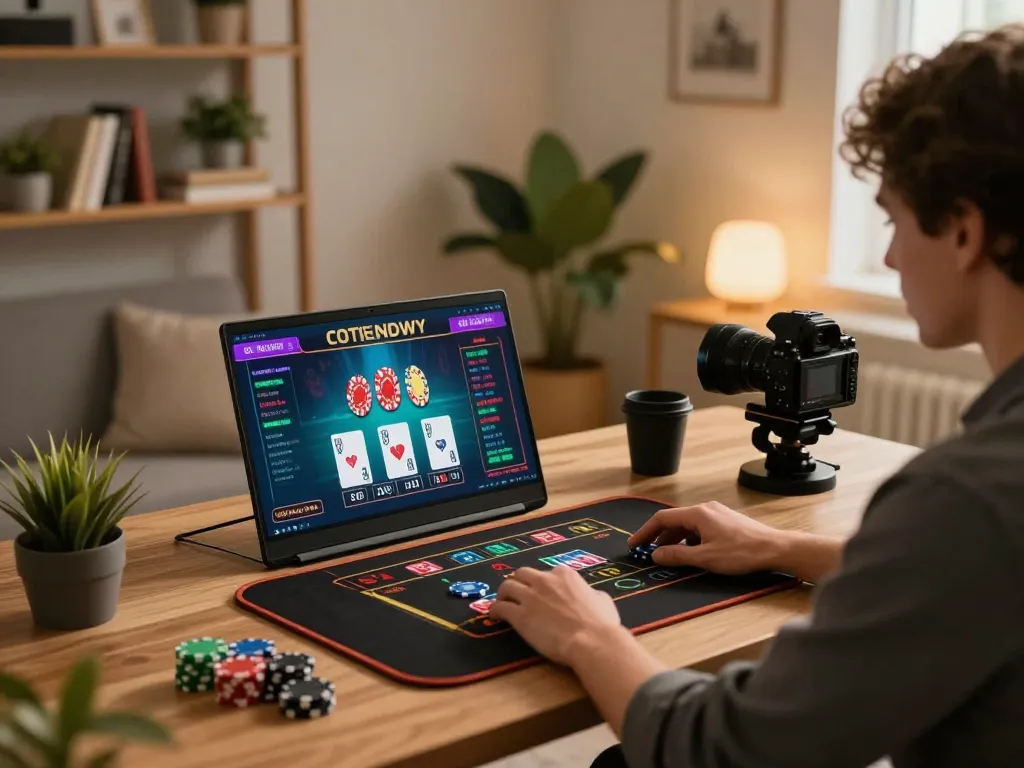 Engaging with game bài đổi thưởng uy tín during an online live dealer session in a stylish home office.