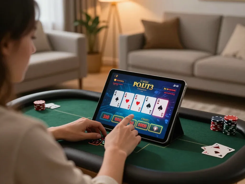 Engaging with BET168 on tablet for poker in a cozy home environment