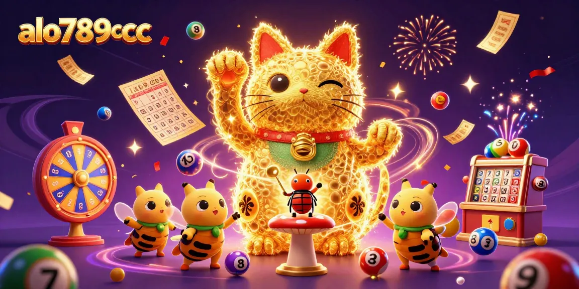 Experience gaming excitement with alo789bcc as a hopeful lucky cat waves among vibrant lottery elements.