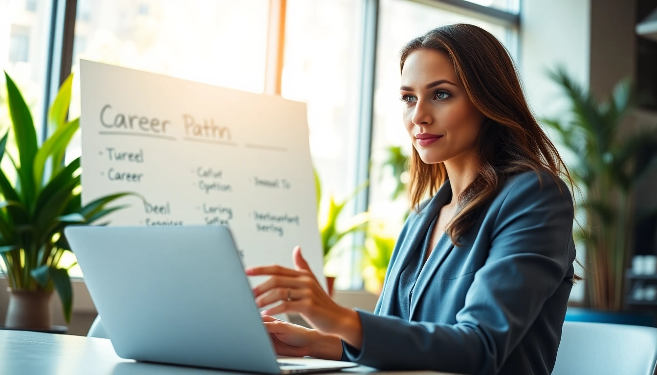 Young professional exploring her ideal career options in a vibrant office setting.