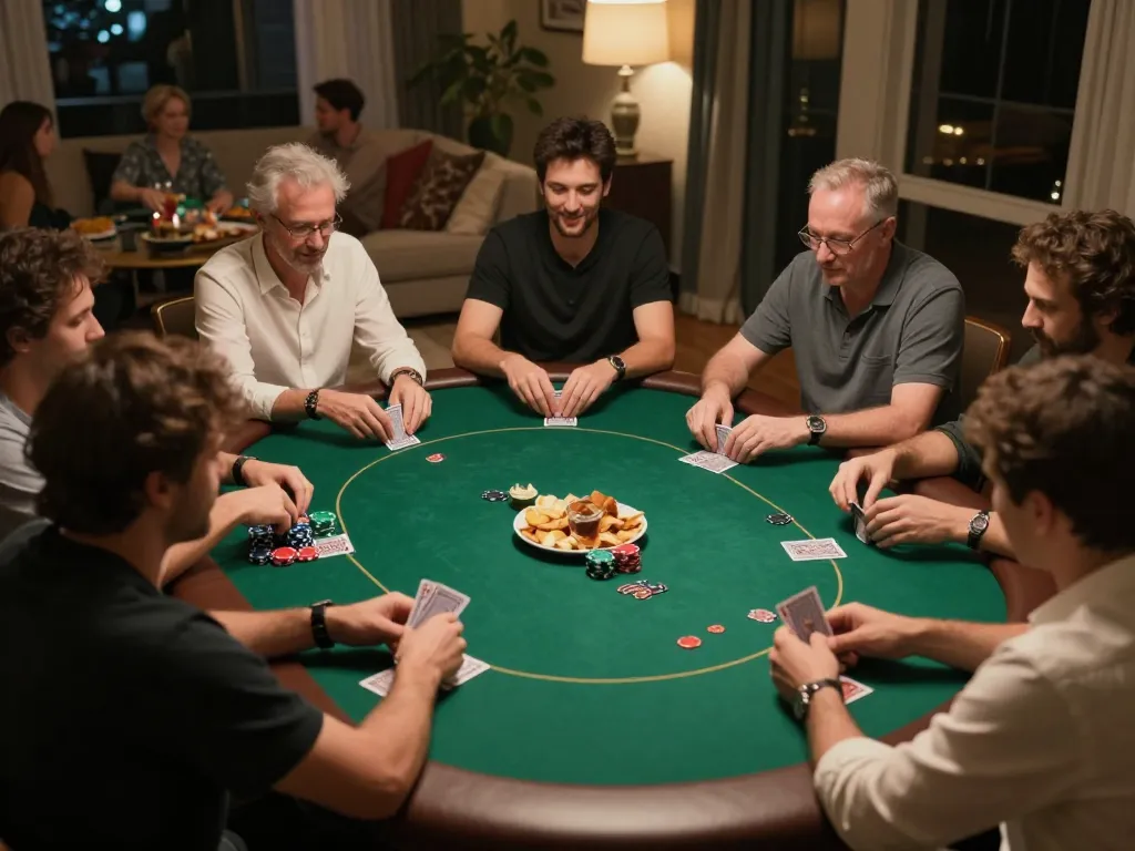 X88 players enjoying a thrilling home poker game, surrounded by chips and snacks.