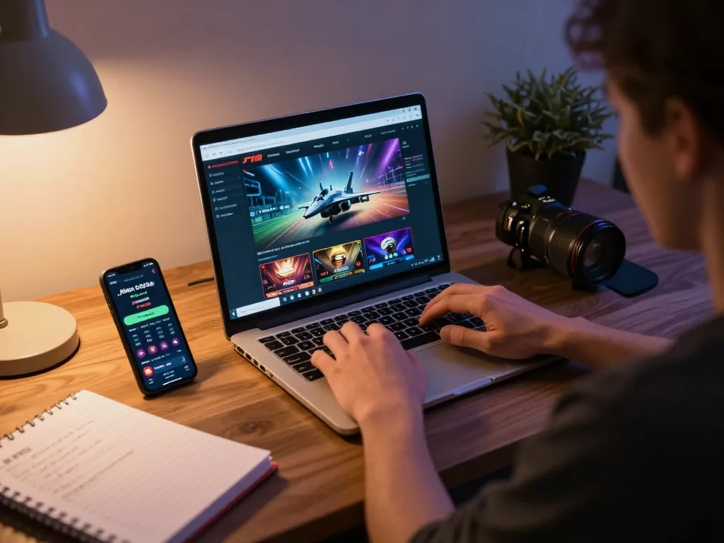 Player engaging with F168 online casino, showcasing laptop screen interface and gaming strategy notes