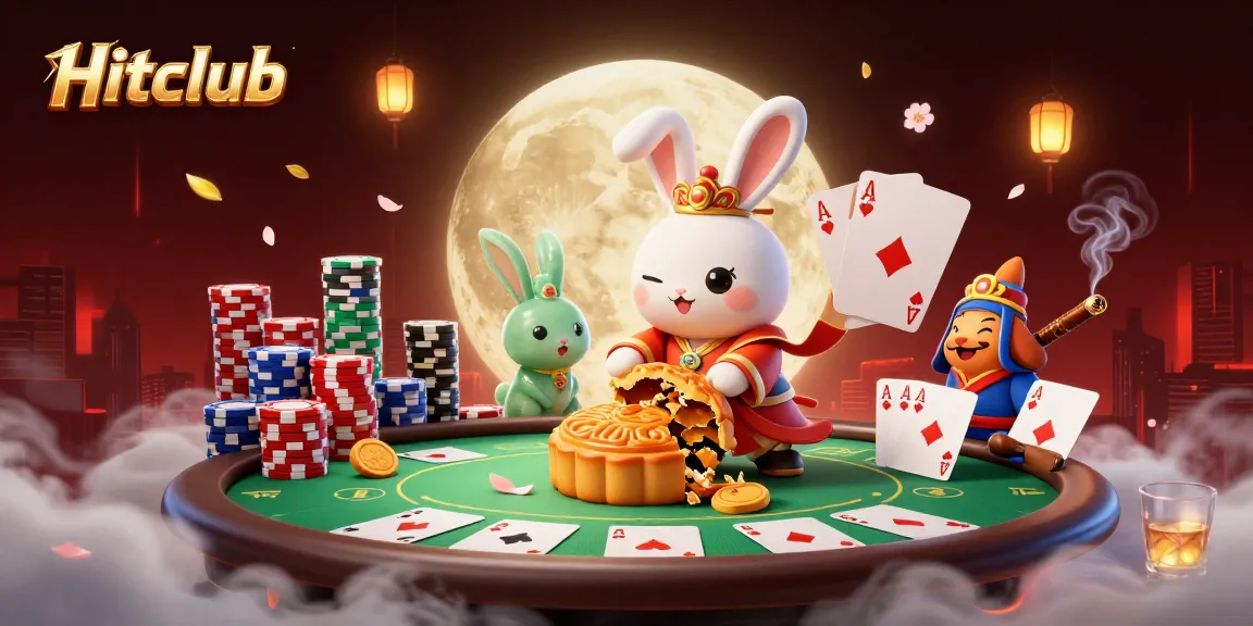 Hitclub showcases a vibrant gaming experience with a moon rabbit and poker elements, perfect for players.