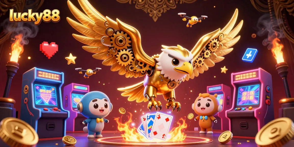Engage with lucky88's 3D vibrant casino adventure featuring a cybernetic eagle amidst games and holographic cards.