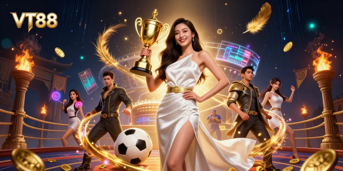 VT88 showcases a confident Asian woman winning in a sports betting atmosphere, celebrating with a trophy.