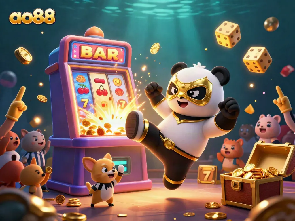 Experience the excitement at ao88 with a dynamic scene of colorful slot action and engaged characters.