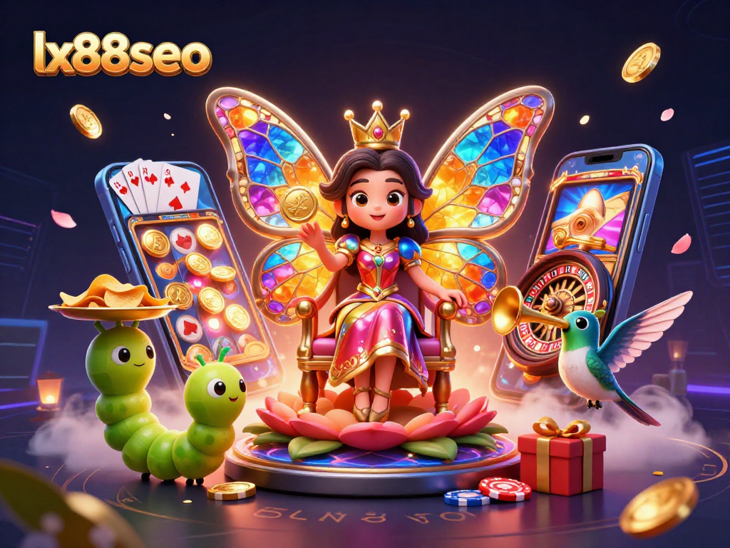 Engage with lx88seo in a vibrant 3D casino fantasy featuring a butterfly queen and gaming excitement.