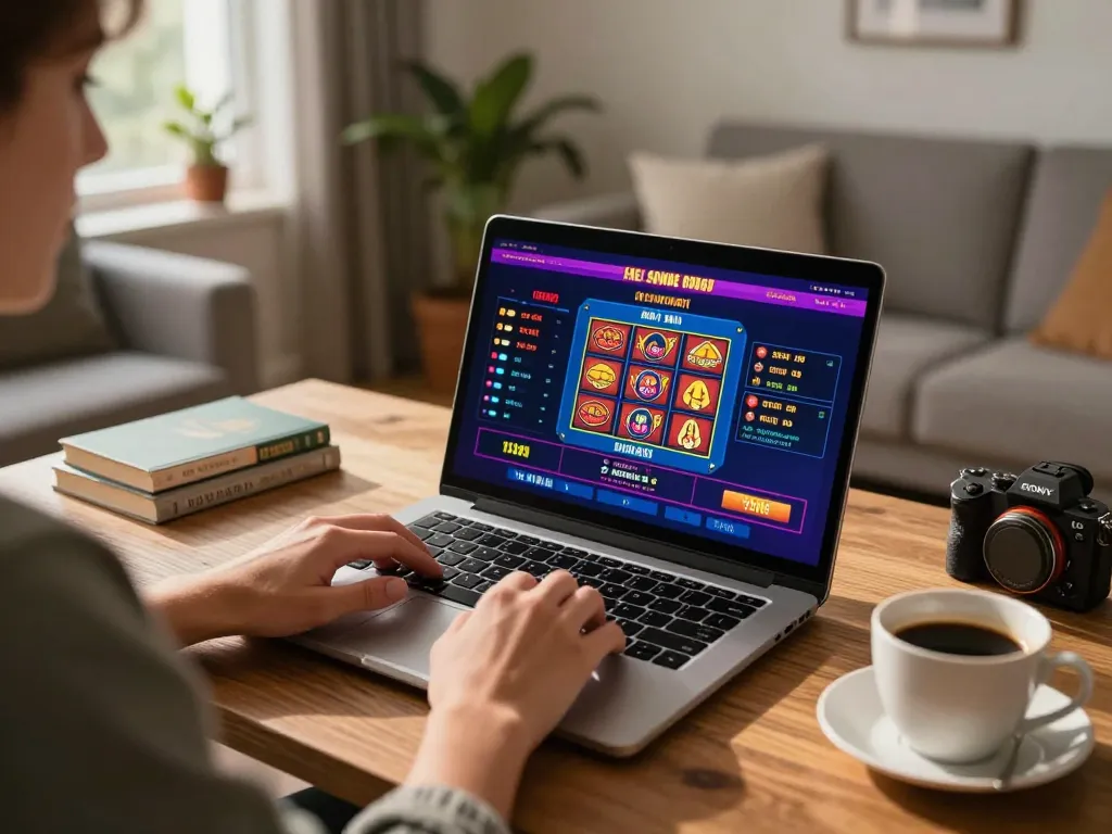 Engaged user playing okwin online casino games at home, showcasing vibrant interface and cozy atmosphere.