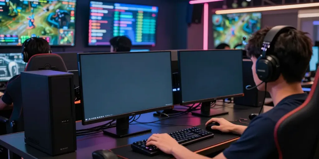 Engaged gamer using ORION88 app on smartphone in a vibrant gaming setup.