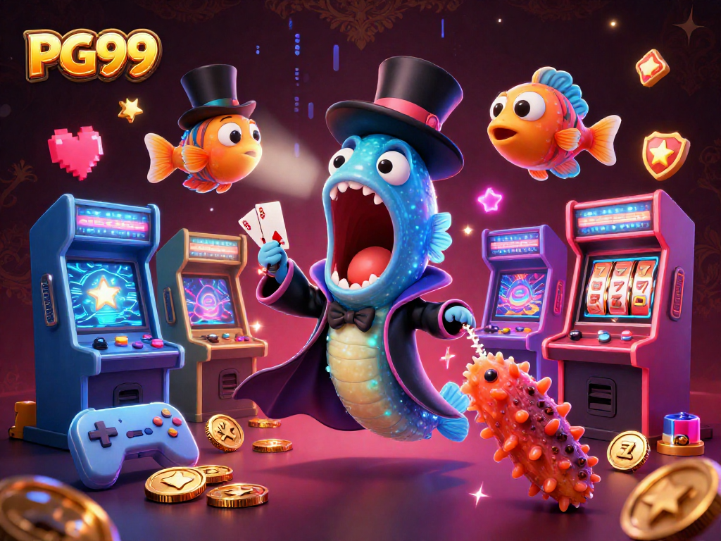Engage with PG99's vibrant casino magic scene featuring a bioluminescent eel and arcade elements.