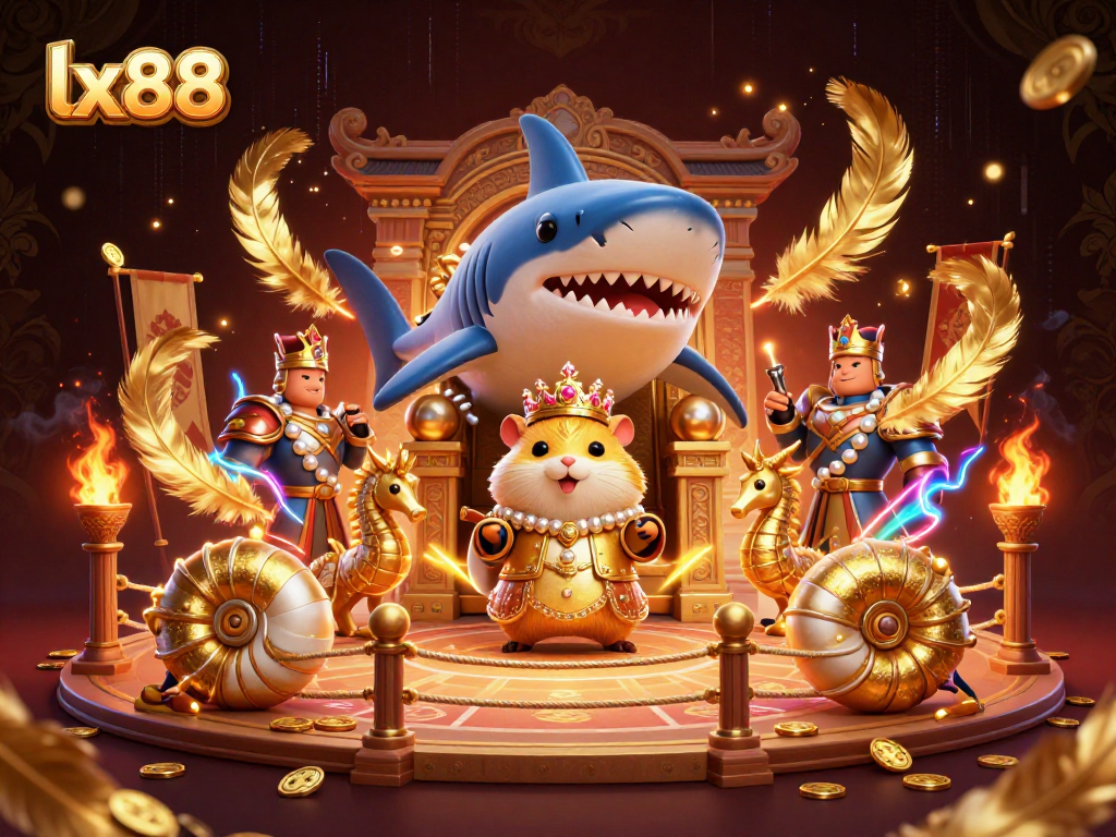 Experience thrilling games at lx88, featuring a golden hamster king and dynamic casino elements.