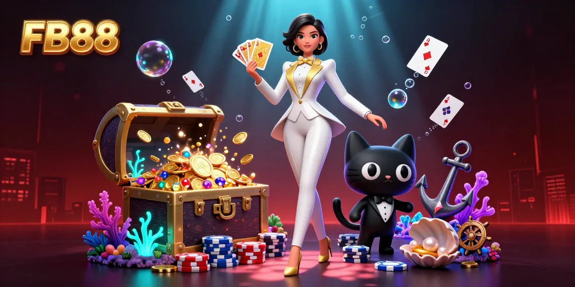 Shuffle cards with FB88 amidst a dazzling 3D casino scene packed with poker chips and golden treasures.