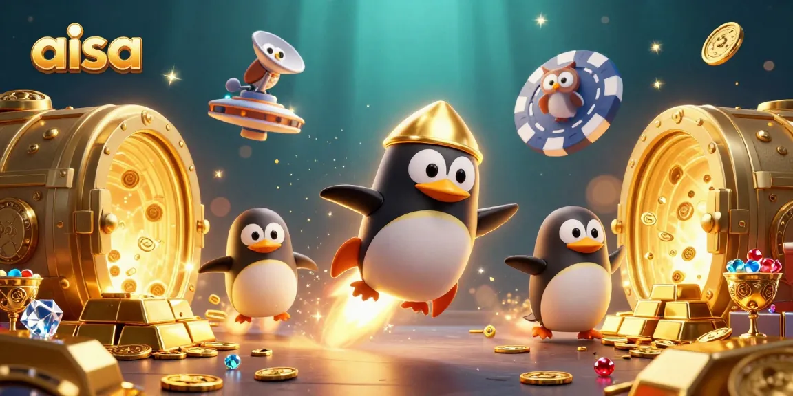 Aisa celebrates winning strategies with a golden penguin in a vibrant casino-themed scene.
