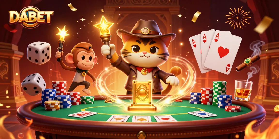 DABET showcases an explorer cat and monkey in an exhilarating gaming scene filled with vibrant casino elements.