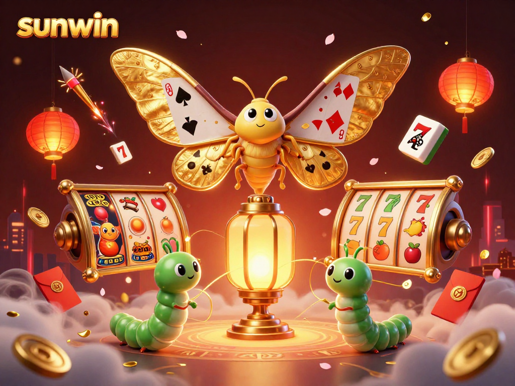 Experience the thrill of sunwin's slot action with vibrant golden moths and festive casino scenes.