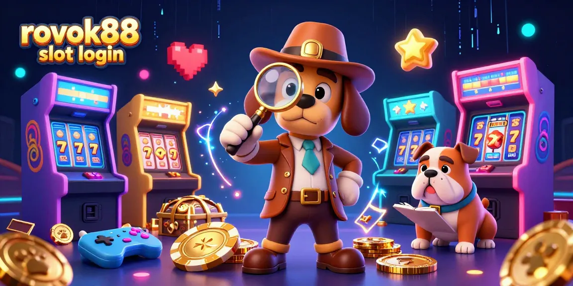 Engage with rokok88 slot login through a dynamic illustration featuring a detective and arcade elements.