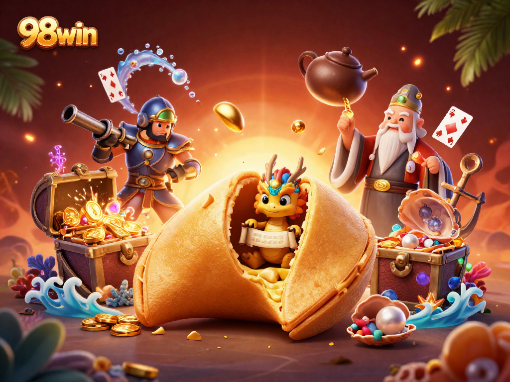 Engage with thrilling moments at 98win with a dynamic gaming scene featuring golden treasures and casino elements.