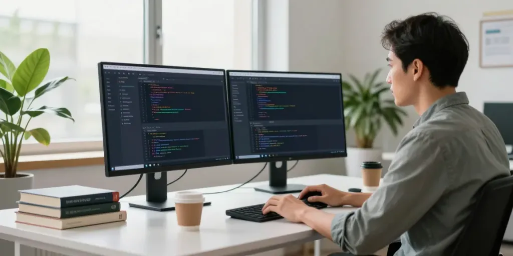 Developer utilizing instant indexing technology in a modern workspace with dual monitors.