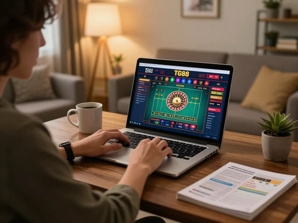TG88 online gaming session highlighting an engaged player focused on roulette strategy in a cozy home setting.