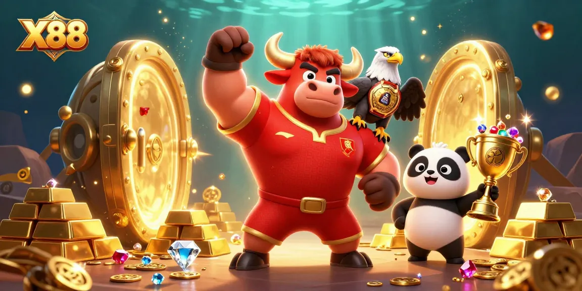 Engage with thrilling X88 gameplay as a muscular bull and eagle celebrate in a vibrant casino scene.