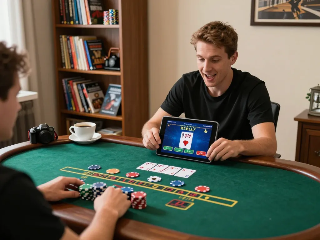 A player experiences excitement while enjoying a live dealer blackjack game on their tablet at home, showcasing xi88 gaming strategy moments.