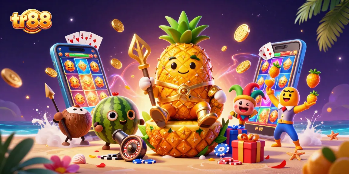 Experience the thrilling world of tr88 with the golden pineapple king and vibrant casino elements.
