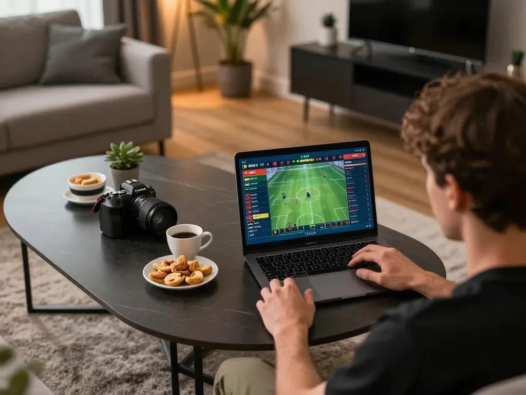 Engaging in online sports betting at home with 789 BET on laptop showcasing live odds and betting options.