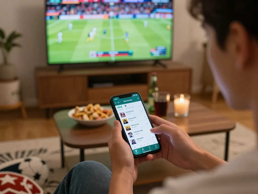 Kèo Nhà Cái action as a person engages with sports betting on a smartphone at home