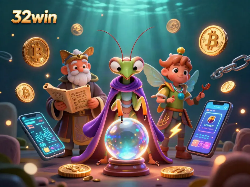 Engage with 32win's vibrant casino scene featuring mystical characters and cryptocurrency elements.