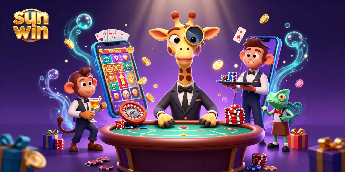 Join the excitement at sun win with a high-roller giraffe and lively animals in a vibrant casino scene.