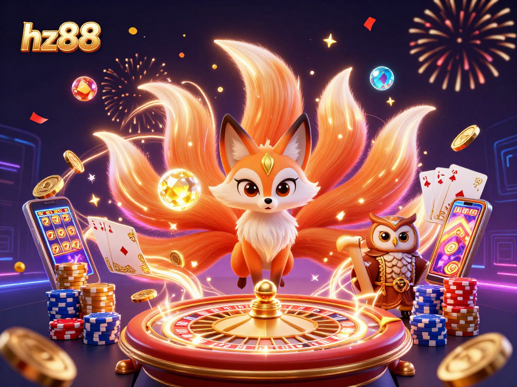 Play and win with hz88 in a vibrant 3D casino scene featuring colorful characters and dynamic elements.
