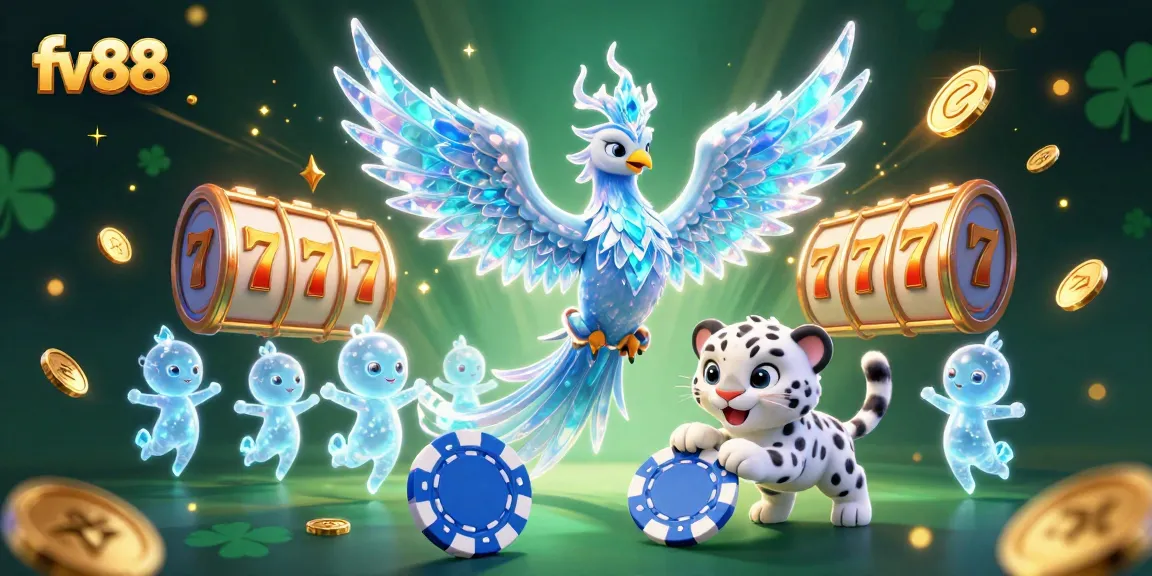 Experience the thrill of fv88 with exciting slot reels and a colorful ice phoenix.