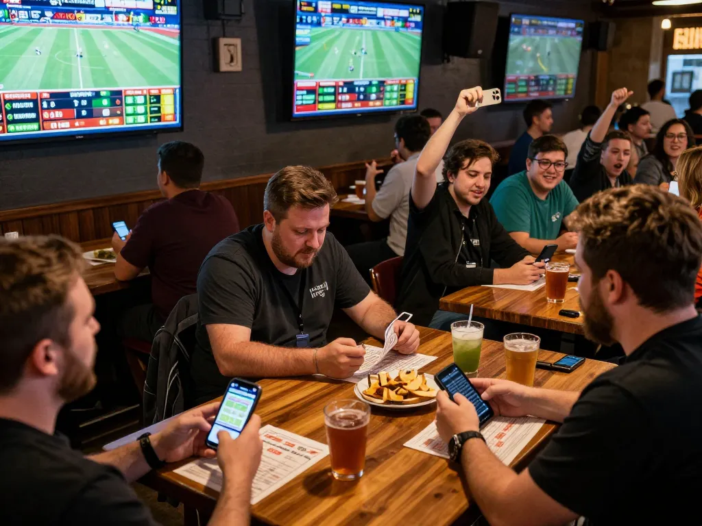 Exciting sports betting atmosphere at a lively bar featuring 7m cn live scores and action