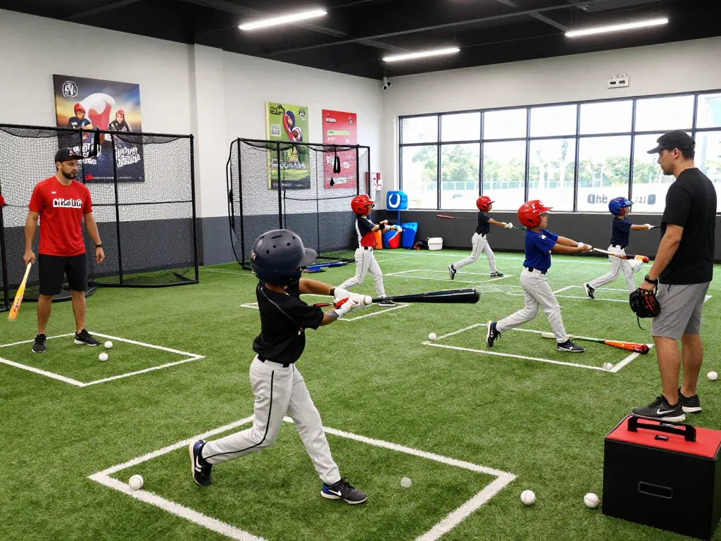 Young athletes training at hitclub indoor batting cage with coaches guiding swings.