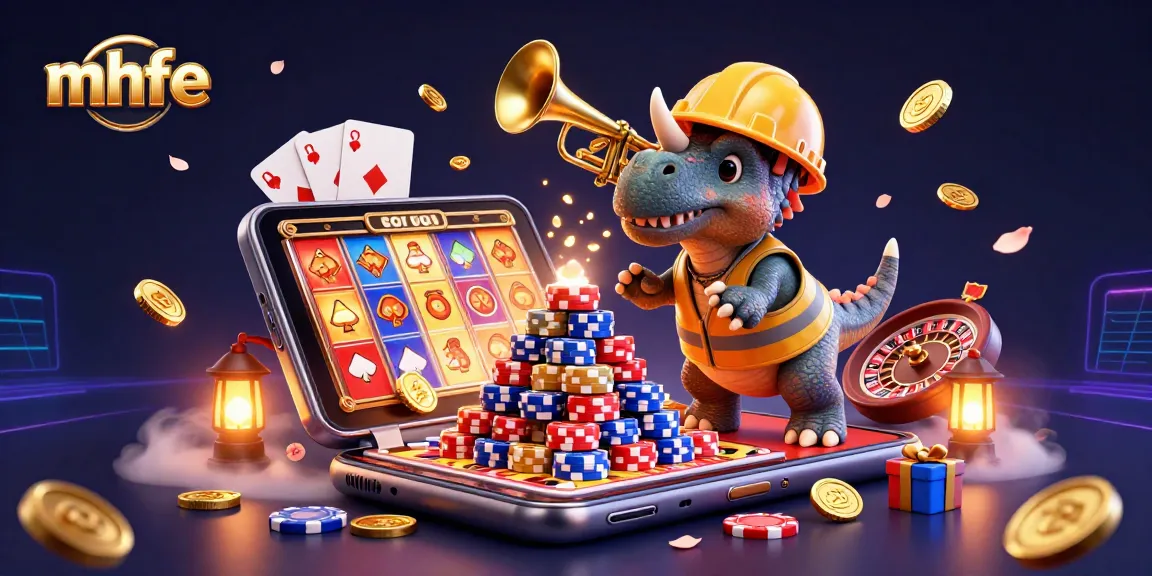 Join the fun at mhfe's colorful casino celebration with dinosaurs building poker chip towers.