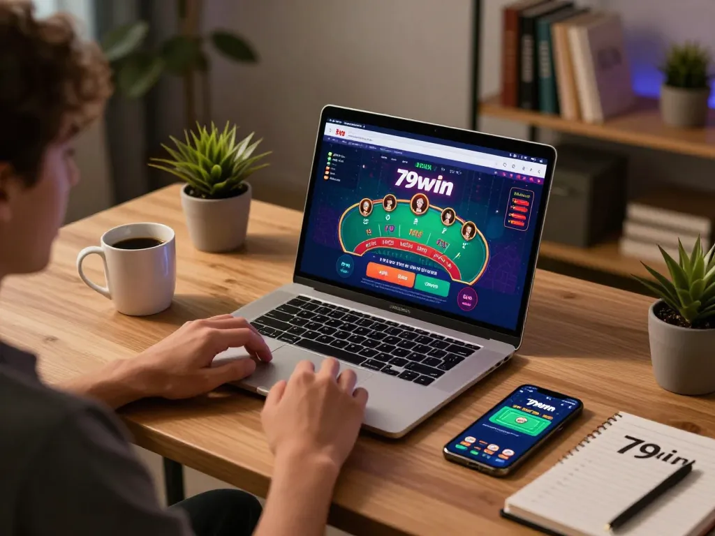 Experience 79win casino gameplay on laptop with vibrant graphics in cozy home office setting.