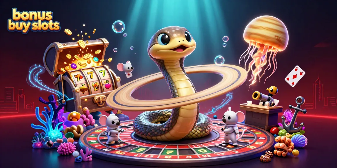 Bet on exciting bonus buy slots with cartoon Saturn snake and astronaut mice in a thrilling 3D casino scene.