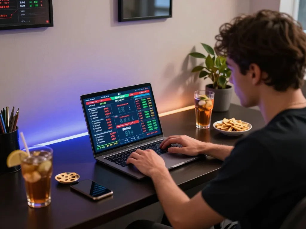 Engaging in live sports betting through 8live on a laptop in a cozy home setting.