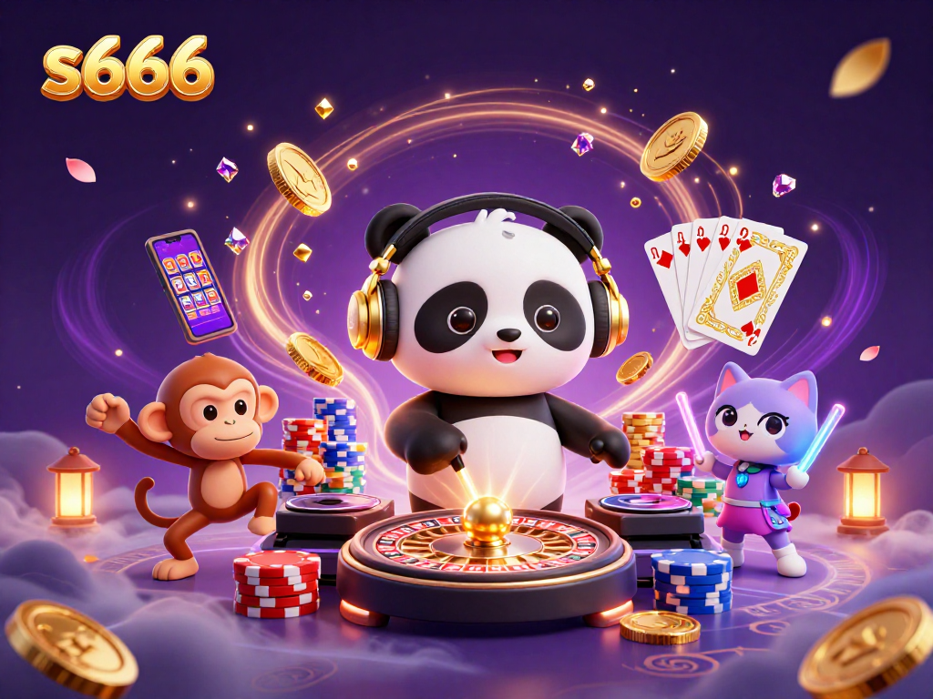 S666 players enjoying a vibrant casino scene with dynamic cartoon characters and exciting game elements.