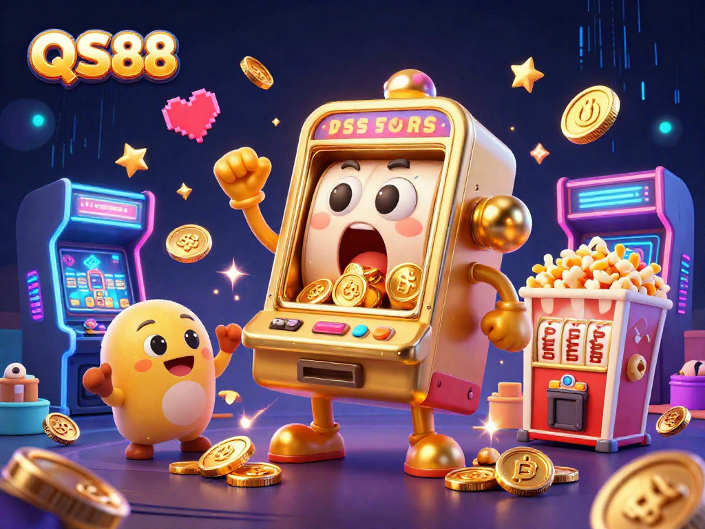 Experience excitement with QS88 as a golden slot machine scores a jackpot amidst coins and cheering fans.