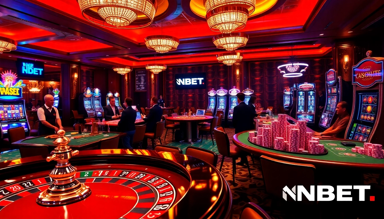 Experience the thrill of gambling with NBET at a luxurious casino with poker chips and a roulette wheel.