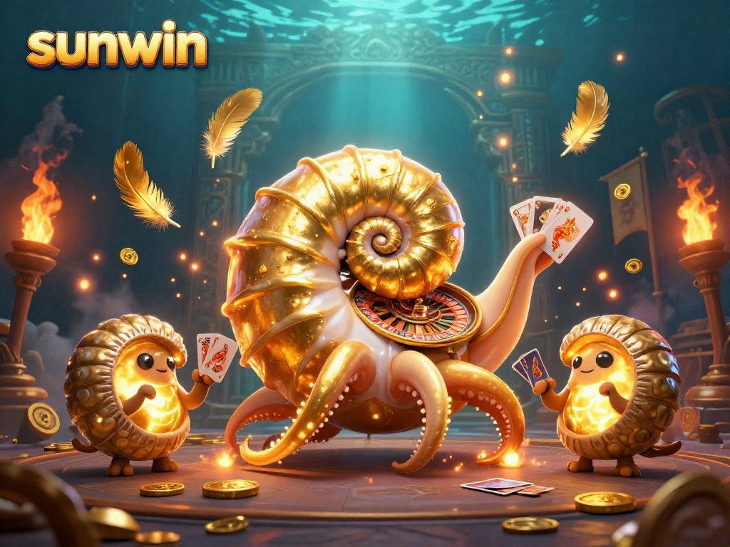 Experience the excitement of sunwin gaming with glowing nautilus and cards amidst vibrant casino elements.