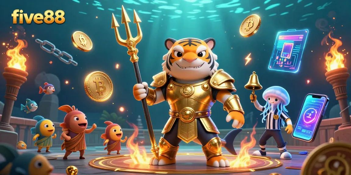 five88 features a thrilling underwater casino battle with a shark in armor, vibrant crypto coins scattered.