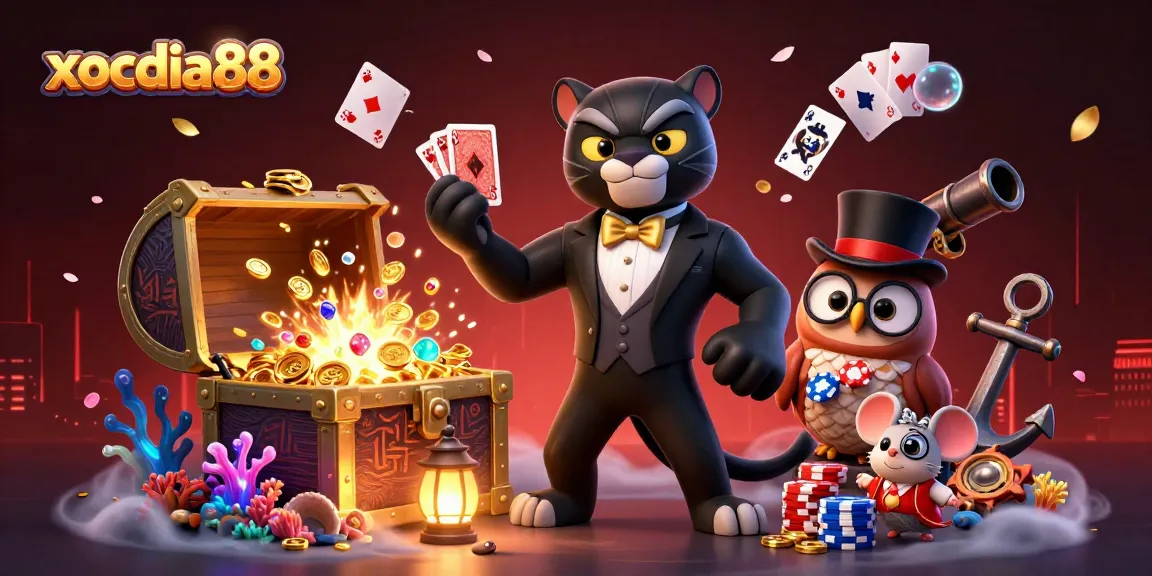 Xocdia88 showcases a thrilling casino moment with a panther dealer and whimsical characters, highlighting engaging gameplay.